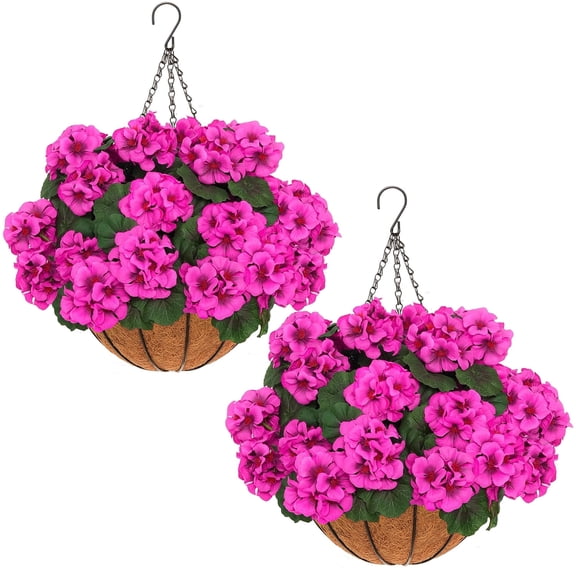 2 Set Artificial Pink Geraniums Flowers for Outdoors with Hanging Baskets, 2 Hanging Planters with 12 Pcs Pink Geranium Flowers for Christmas Front Porch Garden Patio Home Decor (2, Pink)
