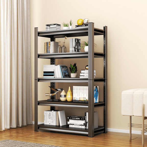 5 Tier Metal BookShelf, Bookcases Heavy Duty Bookshelf, Adjustable Industrial Deep Bookshelves, Tall Open Book Shelf for Living Room, Bedroom and Study Room (63''Hx28''Wx14''D)