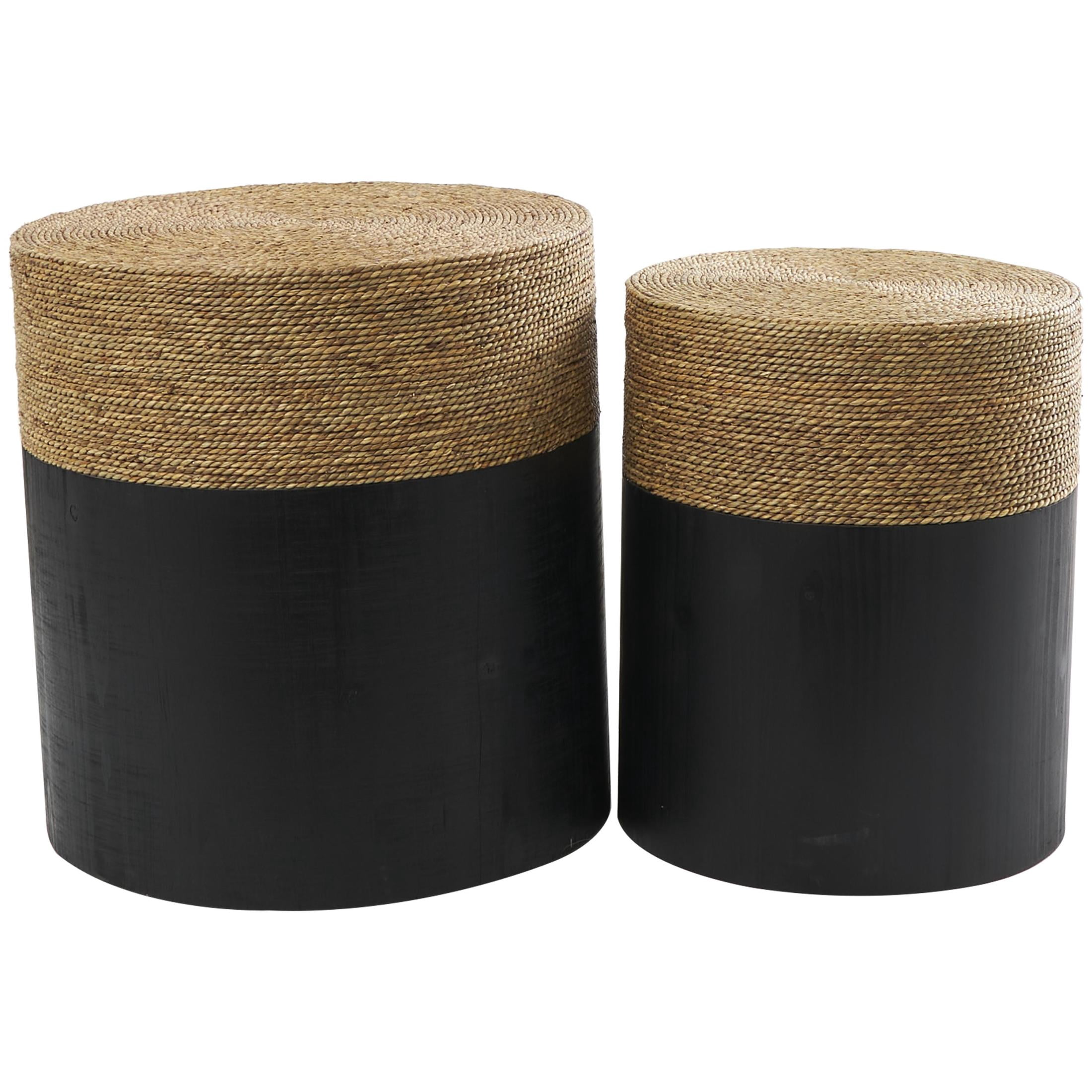 DecMode 19" x 20" Black Wood Handmade Accent Table with Brown Wrapped Seagrass Tabletops, 2-Pieces