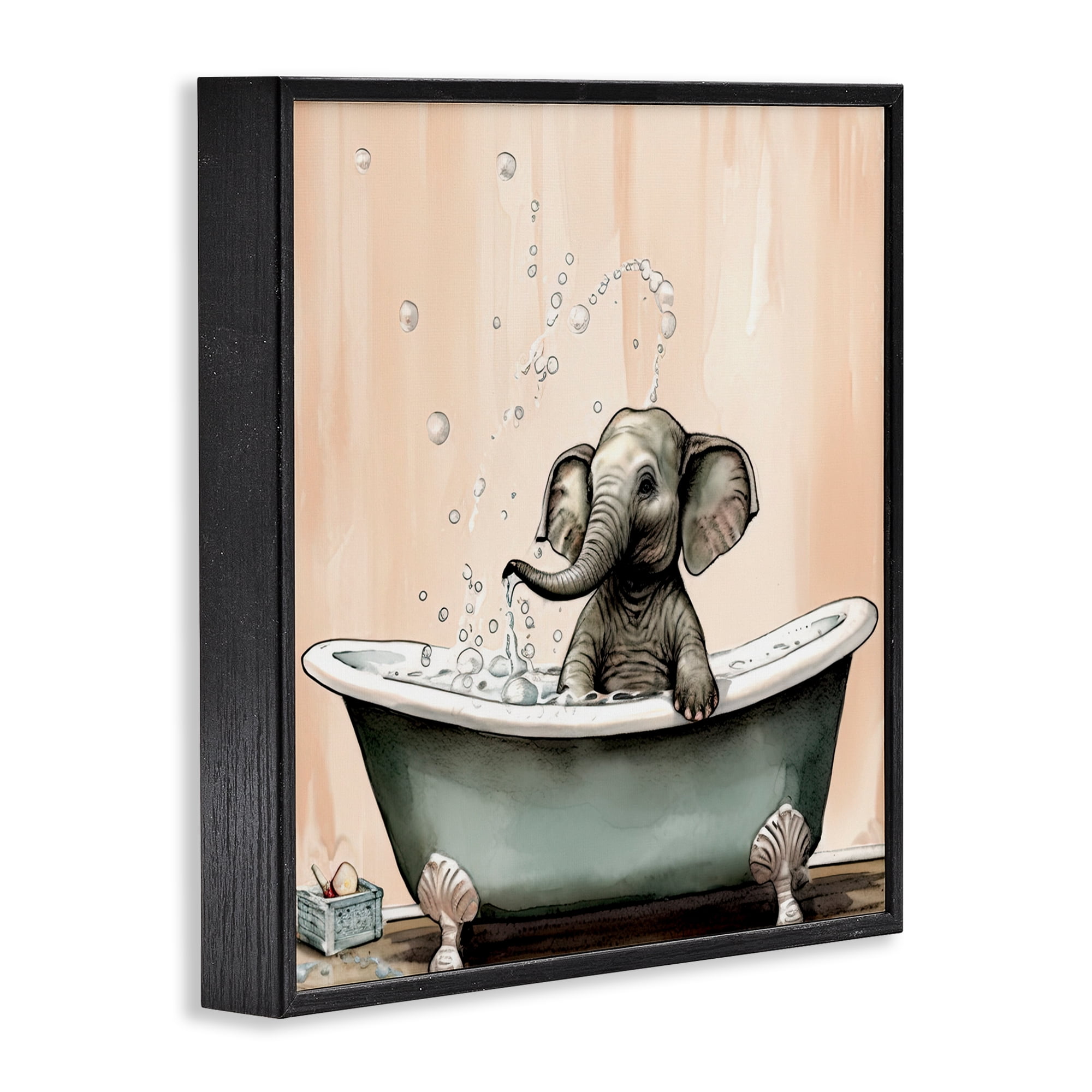 Baby Elephant Bubble Bath Black Framed Giclee Art, design by Sasha