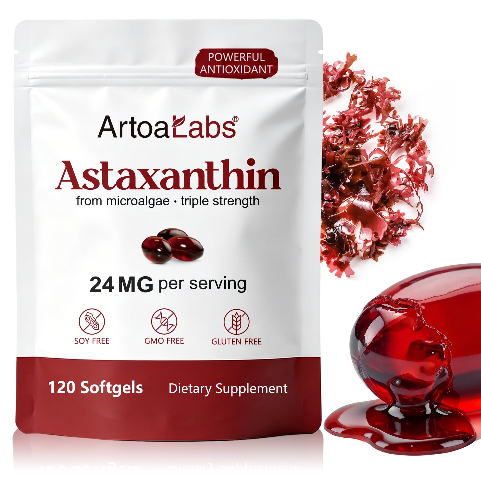 Astaxanthin 24mg Antioxidant Supplement for Eye, Skin and Joint Health, Microalgae Source, 120 Softgels, 4 Month Supply