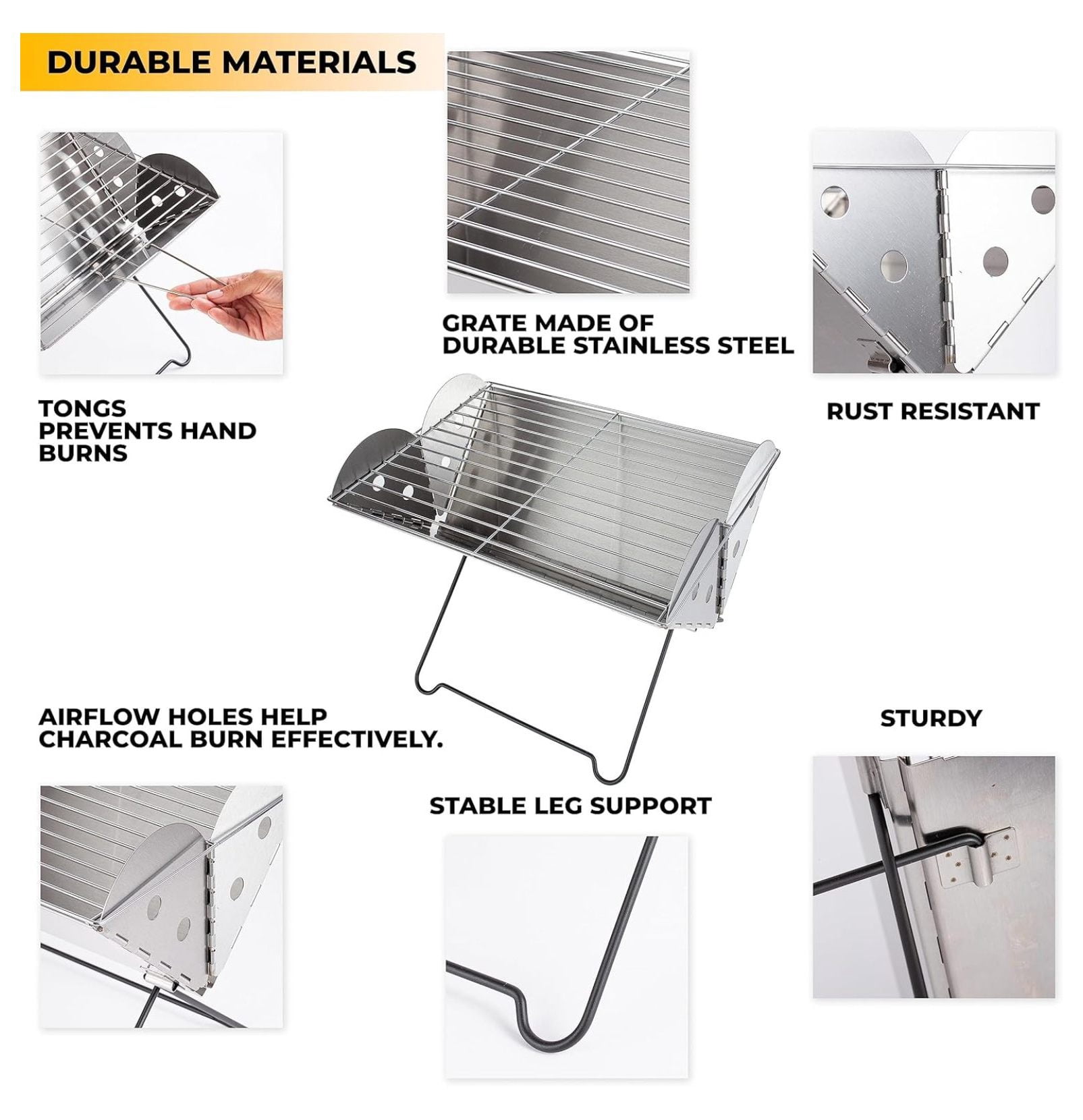 Camping Grill Stainless Steel, Portable Charcoal Grill, Foldable BBQ for Hiking & Picnics