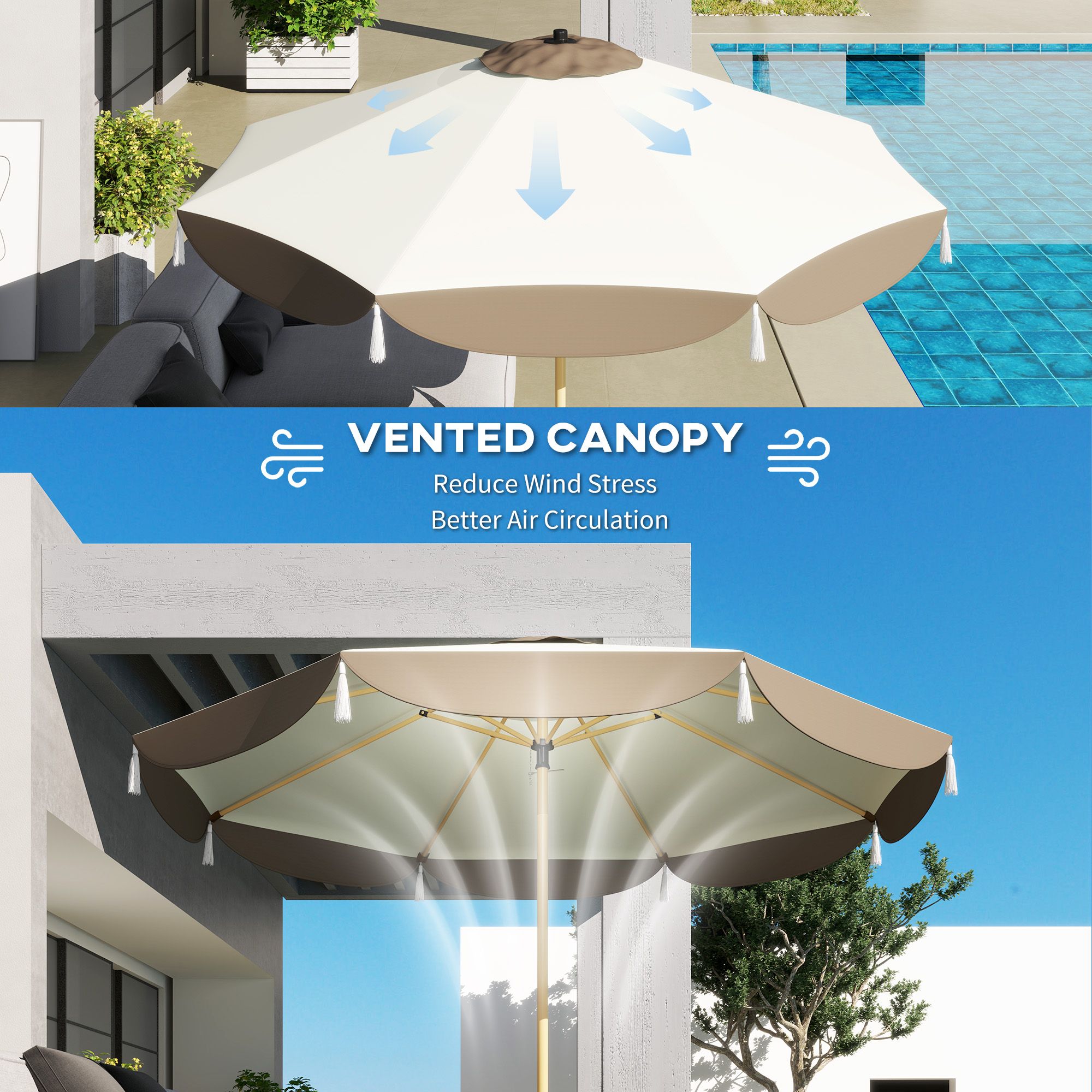 9 Ft Patio Umbrella, UPF 50+ Outdoor Market Umbrella with 8 Ribs, Vented Outdoor Table Umbrella for Deck, Backyard and Lawn, Cream White