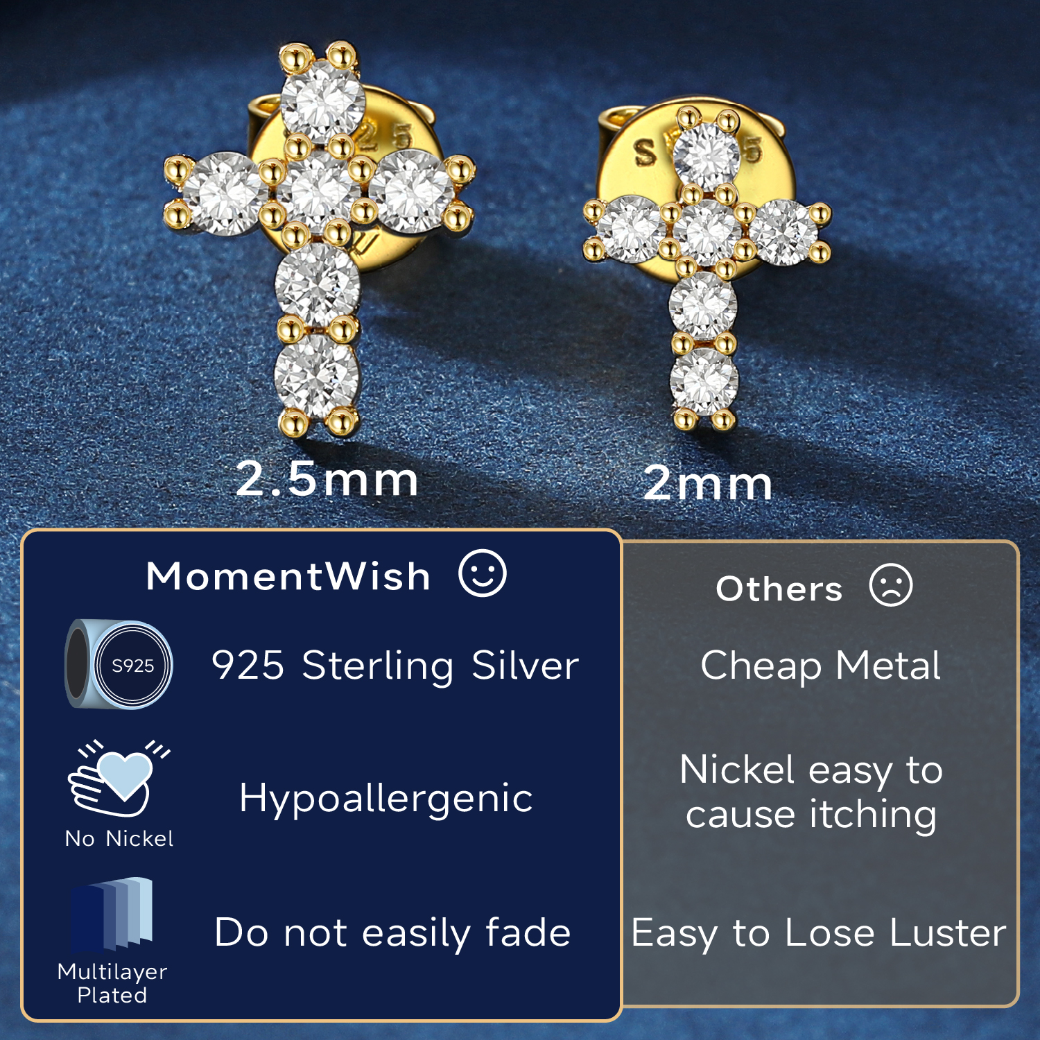 MomentWish 14K Gold Plated Cross Earrings Moissanite Stud Earrings S925 Sterling Silver Christmas Easter Jewelry Gift