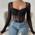 thumbnail image 1 of Cotvotee Women Clothing Corset Top Sheer Sexy Lace Long Sleeve Square Collar Breasted Tops Streetwear Fashion New Chic, 1 of 5