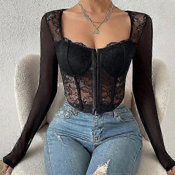 Cotvotee Women Clothing Corset Top Sheer Sexy Lace Long Sleeve Square Collar Breasted Tops Streetwear Fashion New Chic