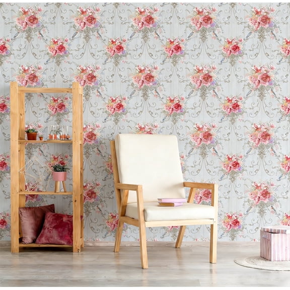 TOARTi Boho Floral Wallpaper Pink Flower Peel and Stick Bird Bouquet Nature Wall Decal For Bedroom Living Room 17.3in x 9.8ft