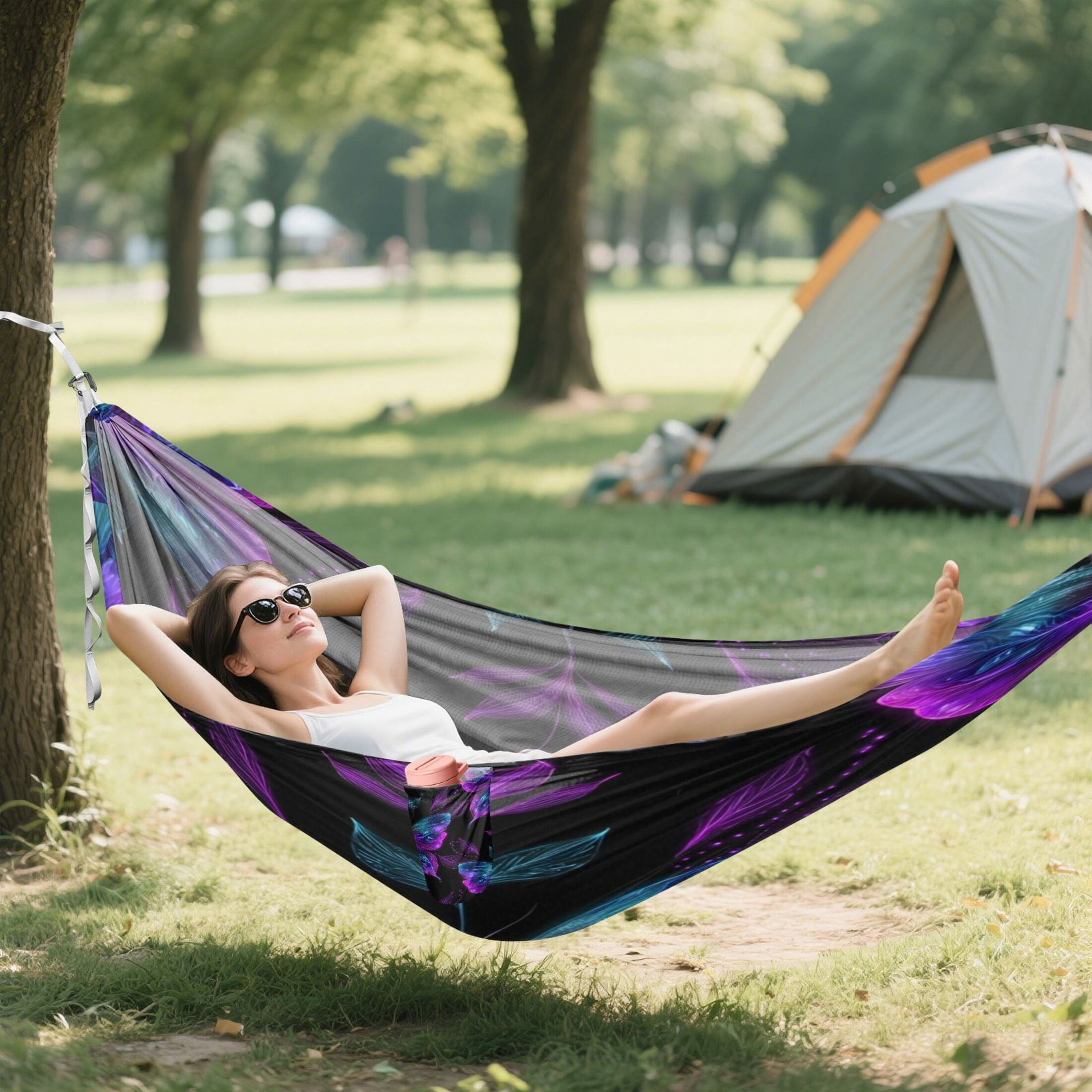 Hanging Hammock Portable Travel Camping For Outdooor Beach Camping Hiking Neon Purple and Blue Butterflies