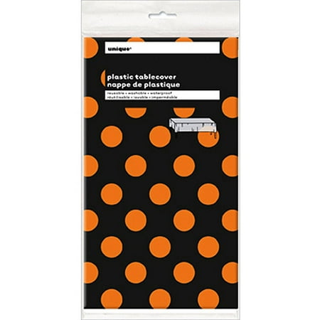 Unique Orange and Black Polka Dot Halloween Plastic Tablecloth, 54" x 108"