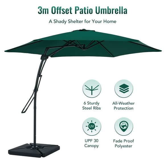 10ft Outdoor Cantilever Umbrella 3m Hanging Patio Parasol w Easy Lever Green (Without Base)