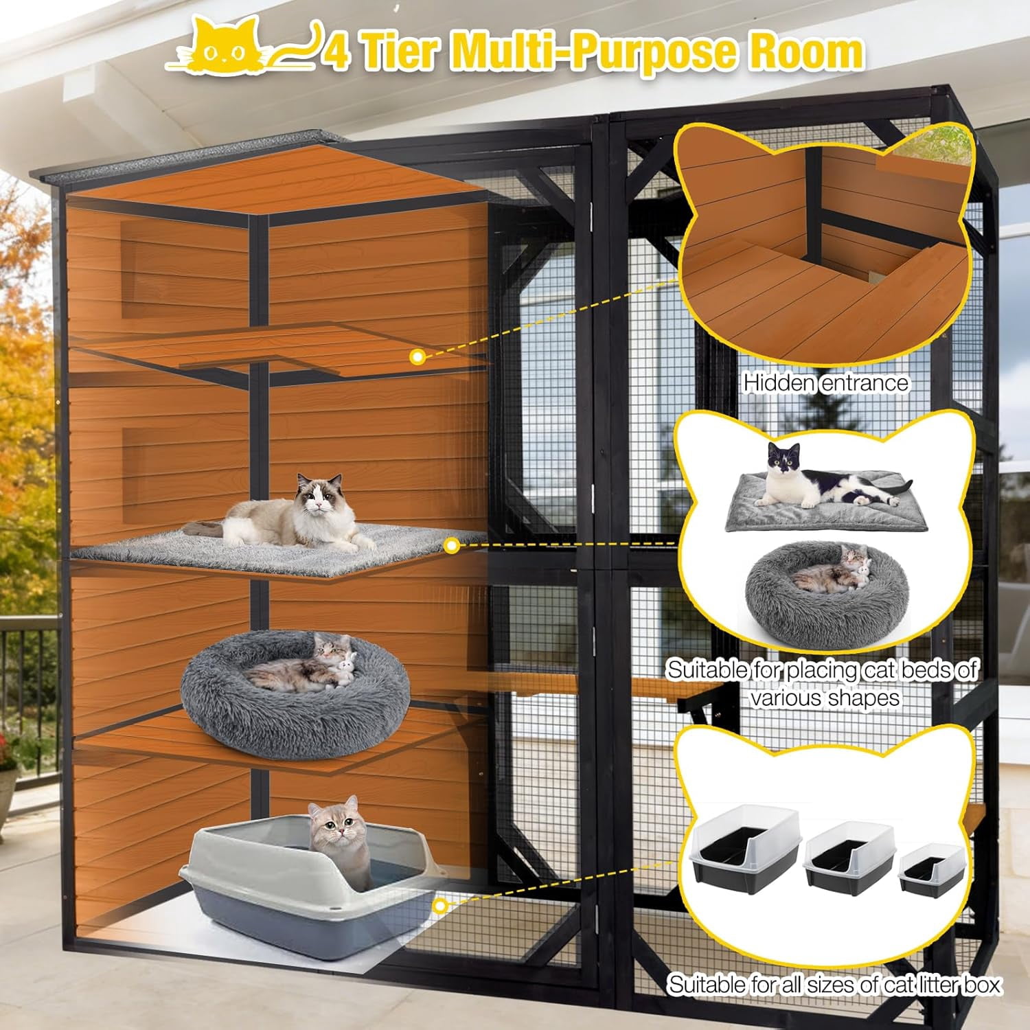 Aivituvin 77" Tall Catio Outdoor Cat Enclosure, Large Wooden Cat House with Waterproof Roof & 3-Tier Platforms, Walk-in Outside Cat Patio with Connectable Window Door for Multiple Cats (Orange)