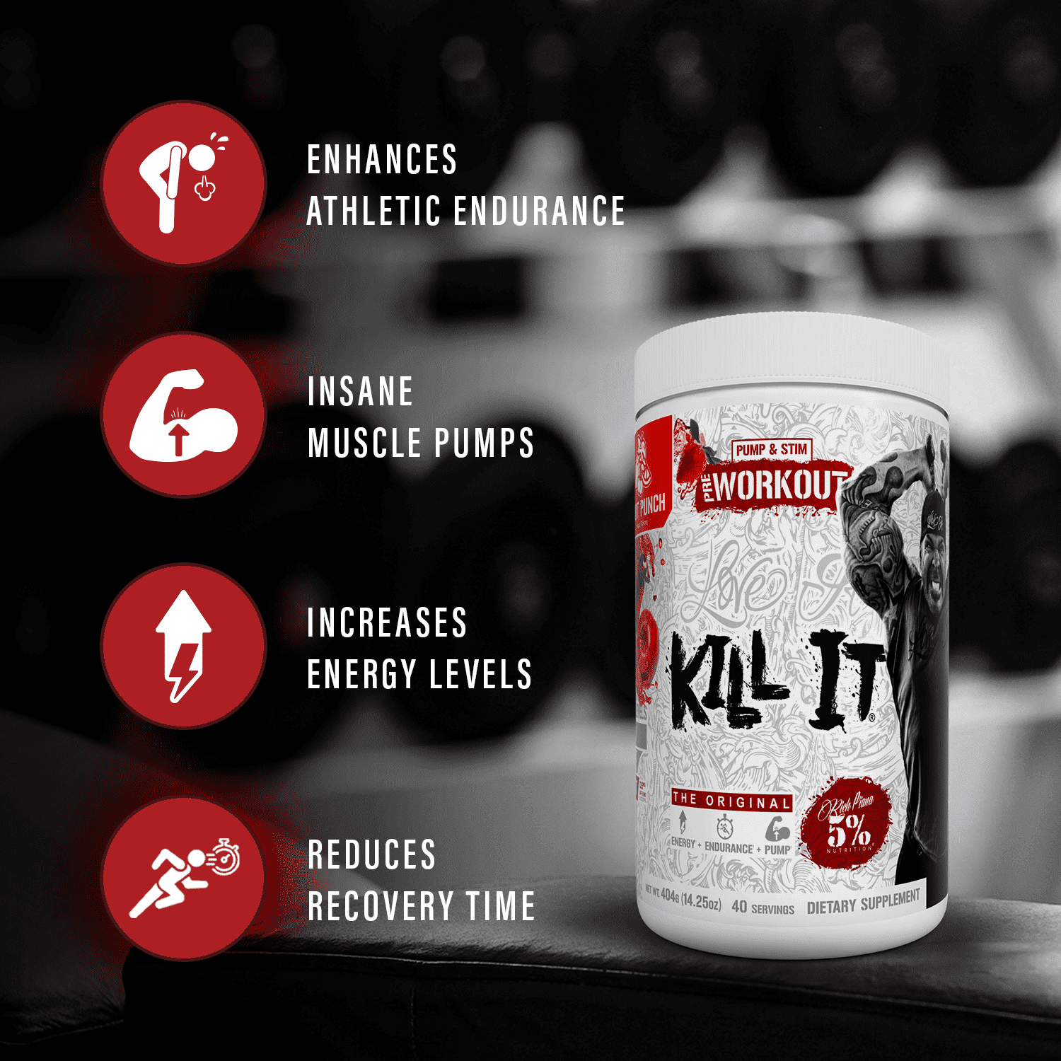 5% Nutrition Rich Piana Kill It Pre-Workout Powder Supplement with Creatine & Caffeine for Pump, 40 Servings (Blue Raspberry)