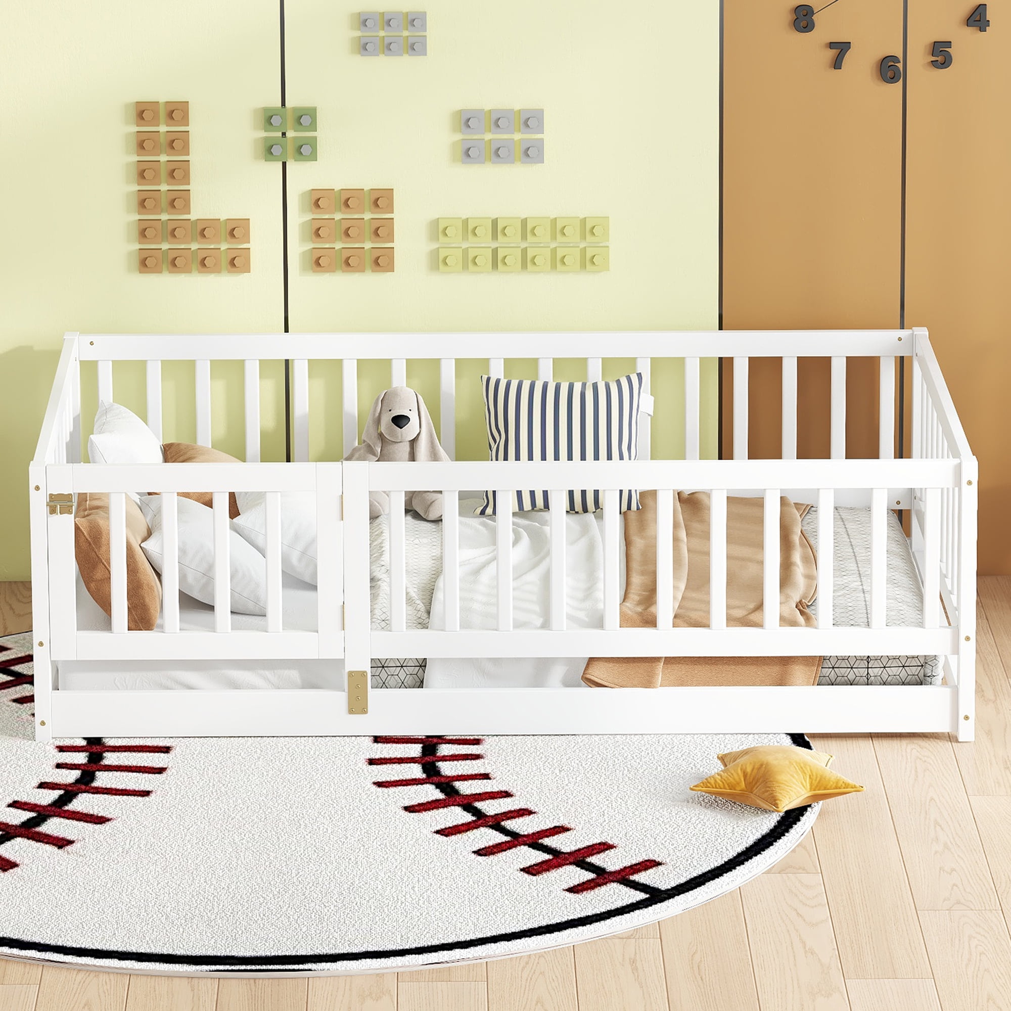 Montessori Floor Bed, Kids Bed Frame, Low Profile Toddler Bed with Removable Slats and Safety Door, Wood Bed Frame for Kids Boys Girls, Twin White