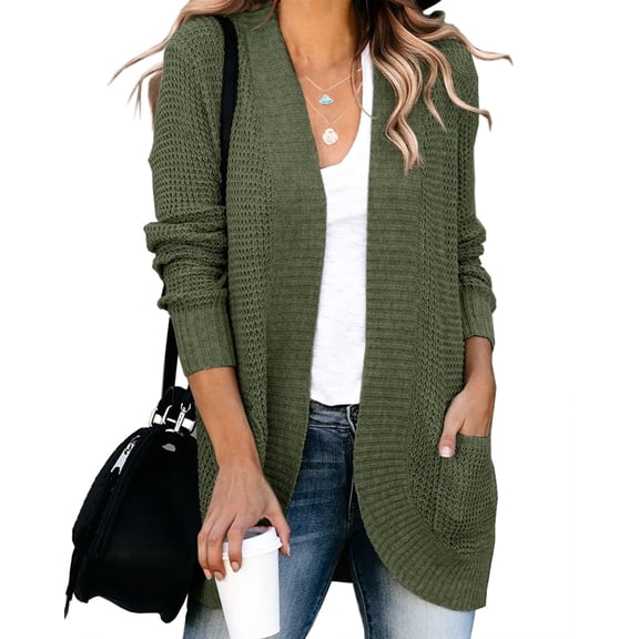 Womens Long Sleeve Casual Lightweight Loose Open Front Cardigan Knit Sweaters Coat with Pockets