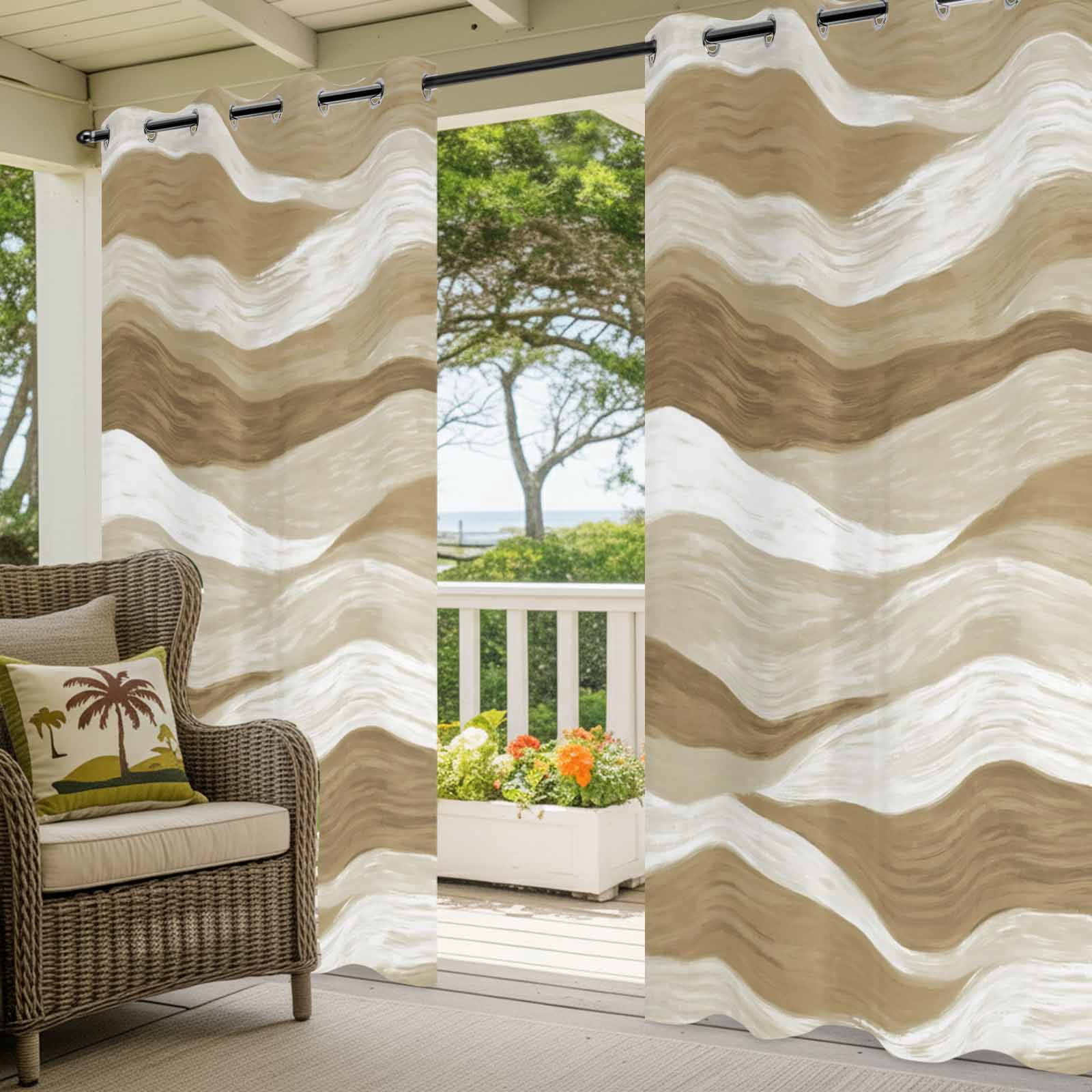 Brown Ocean Waves Outdoor Curtains for Patio, Abstract Modern Ombre Stripes Sunshade Privacy Drapes Grommet Waterproof Outside Curtains for Porch/Cabana/Balcony 54"x 108", 1 Panel