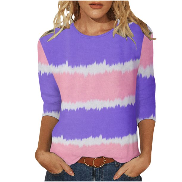 Camiseta estampada a la moda para mujer, blusa de manga 3/4 de longitud media, cuello redondo, camisetas informales Pompotops FGAJ2580
