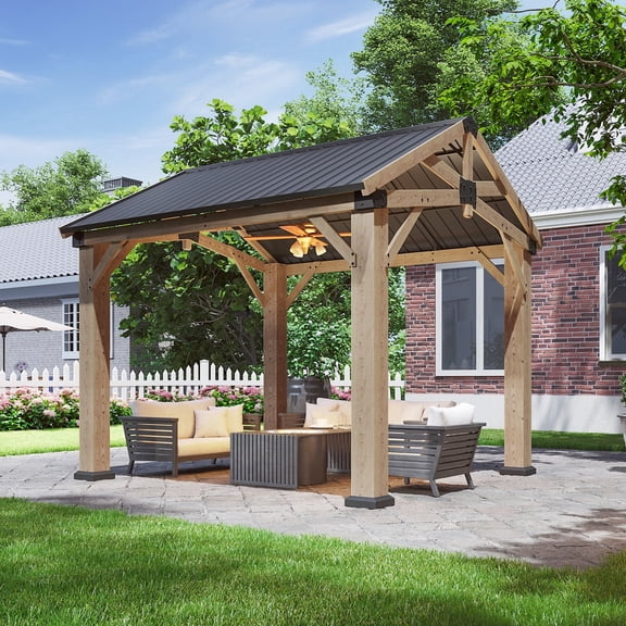 Sunmthink 10' x 10' Outdoor Wood Gazebo, Hardtop Gazebo Permanent Wooden Pavilion with Galvanized Steel Gable Roof, for Patio, Garden, Backyard, Cedar Wood