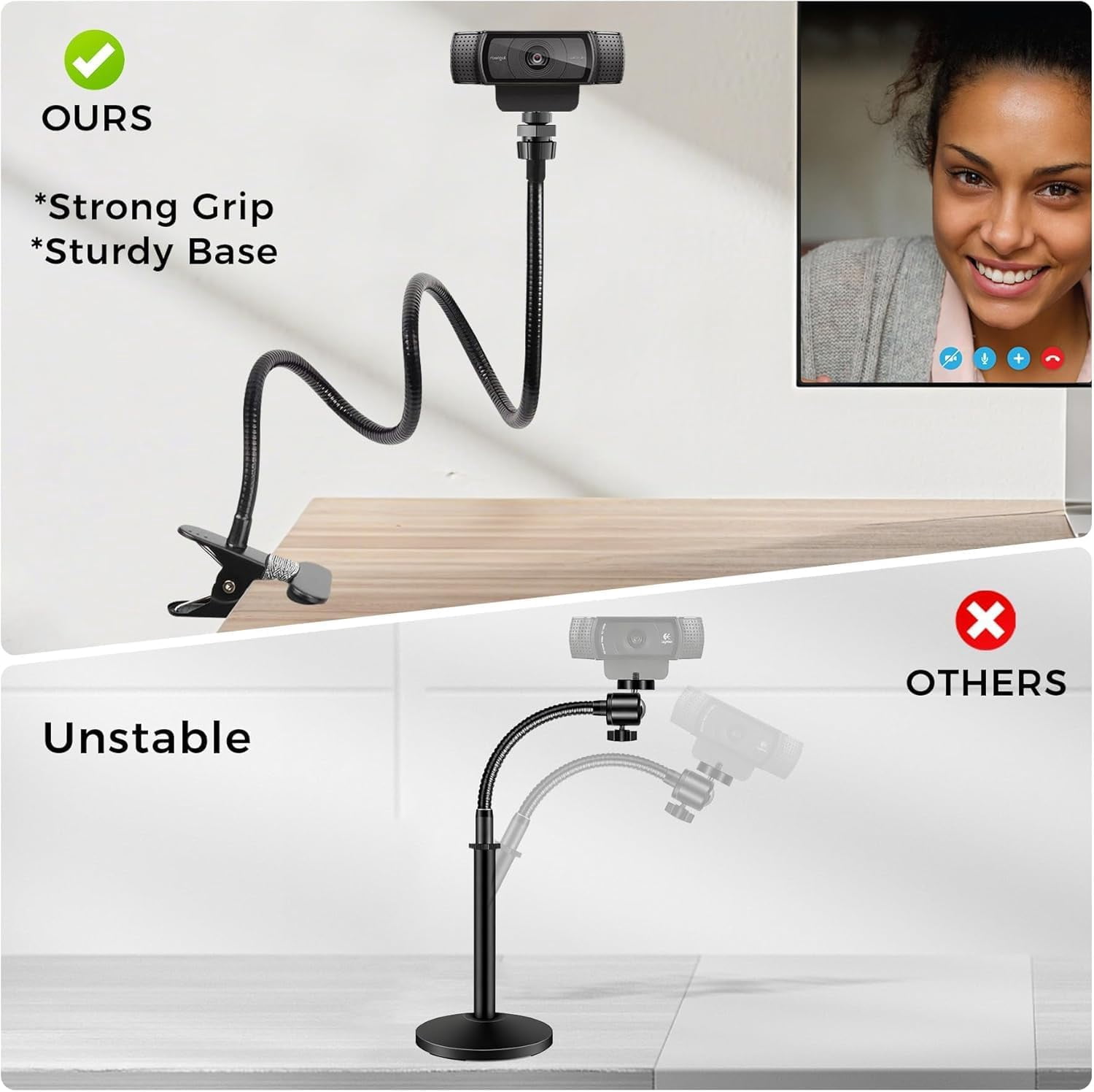 Webcam Stand Phone Mount for Desk, Gooseneck Desktop Tripod & Tabletop Phone Holder with Clamp & 1/4" Thread, Compatible with Action Camera GoPro C922 C930e C920S C920 615 C960 C920x Brio