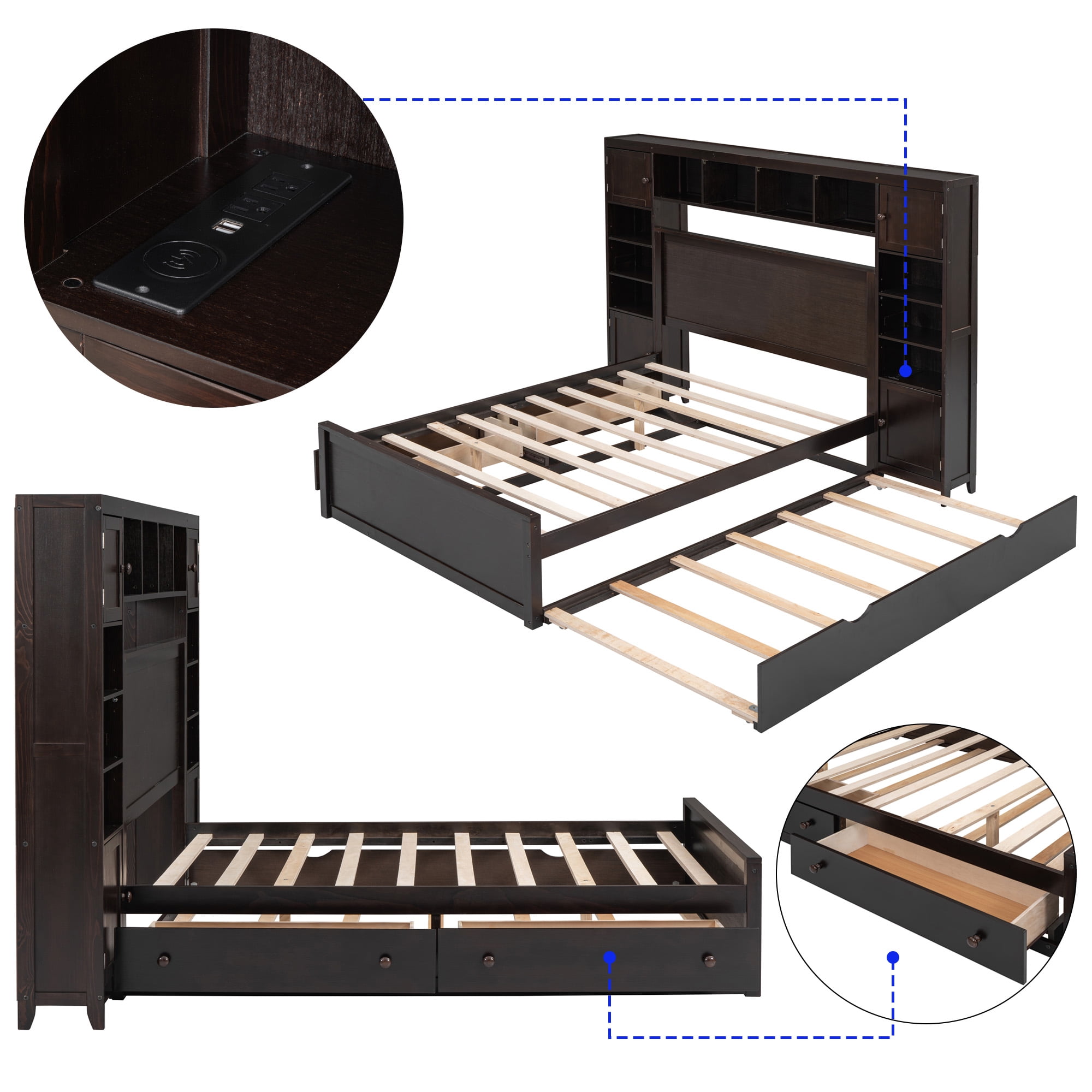 Aukfa Queen Size Bed Frame with All-in-One Cabinet and Shelves, Wooden Functional Bed with Trundle and Storage Drawers, USB Ports Outlets, Espresso