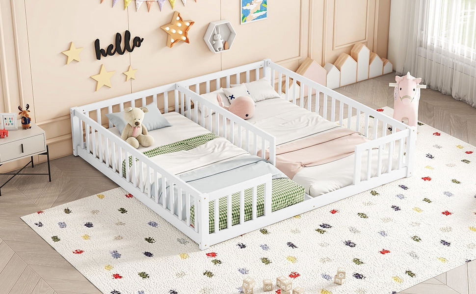 Double Twin Floor Bed with Fence, Guardrails, Without Door, White