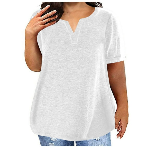 Women's V-Neck Solid Color Oversized T-Shirt, Plus Size Short Sleeve Top, Casual Loose Fit Shirt, Comfortable Summer Blouse for Everyday Wear, Office, and Casual Outings, 100% Cotton