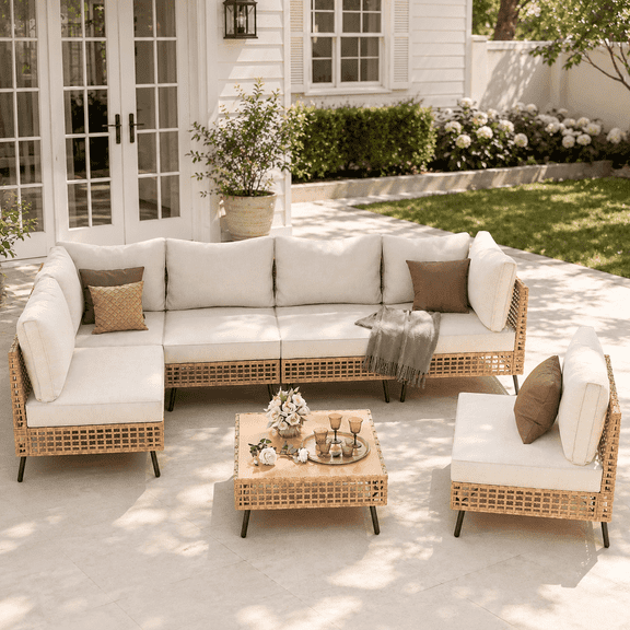 LAUSAINT HOME 7-Piece Outdoor Wicker Patio Furniture Conversation Set, Sectional Sofa with Cushions, Beige