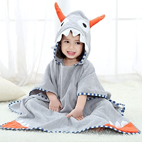 Toalla de playa con capucha para niños de 2 a 8 años, divertido diseño de dinosaurio, poncho de natación multiusos para bañera, ducha, piscina, natación, 100% algodón. (Gris), 24 pulgadas