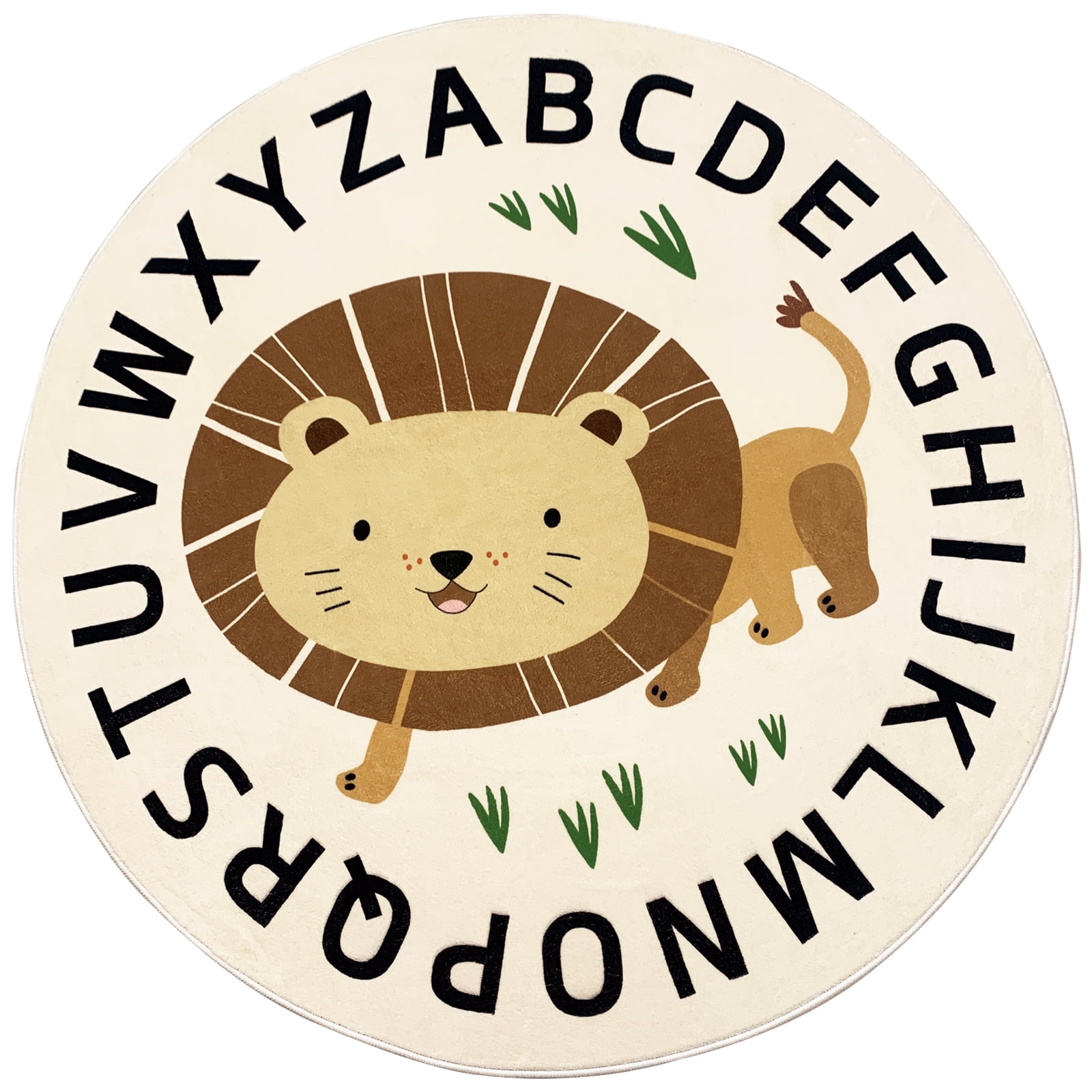 LANPEI Kids Rug Lion Jungle Animal Play Mat 4Ft Round ABC Alphabet Area Rug Circle Boys Girls Bedroom Rug Floor Carpet Playroom Rug Nonslip Crawling Nursery Rug for Children Room, Waking