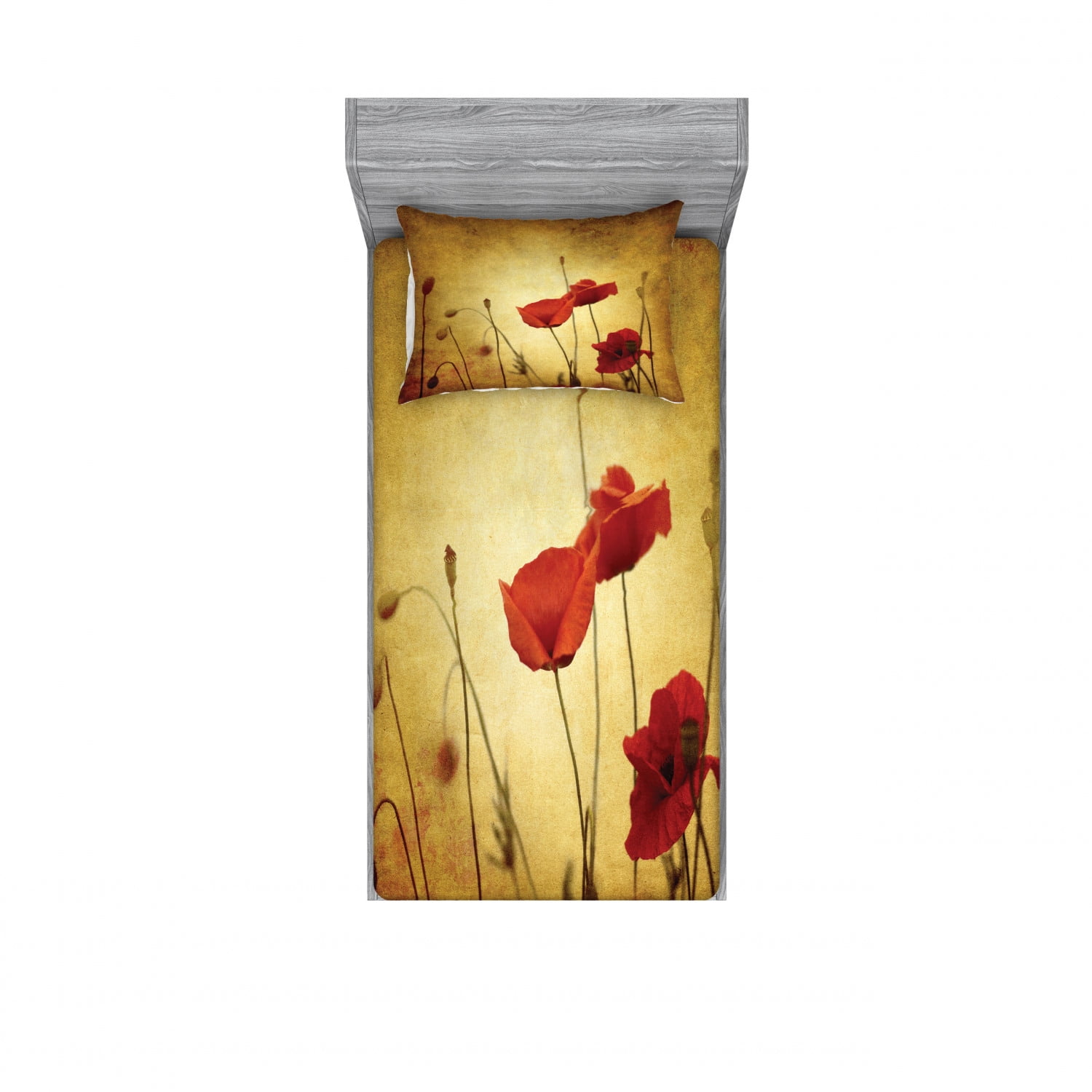Poppy Bedding Set With Sheet Covers Poppies And Flower Buds On Ambient Dark Grunge Background Retro Effects Bohemian Printed Bedroom Decor 2 Shams 4 Sizes Cream Red By Ambesonne Walmart Com