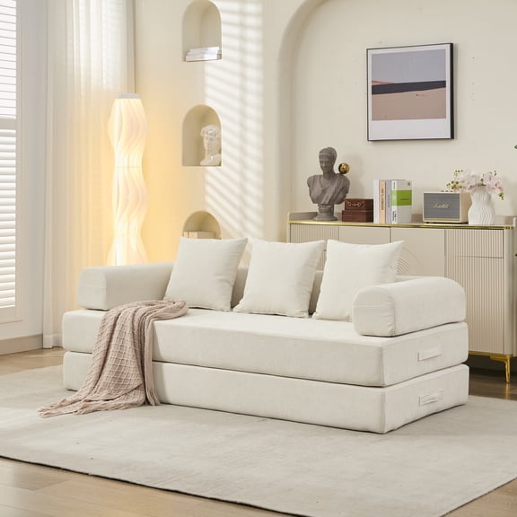 NeoKo Floor Sofa Bed,Comfy Convertible Folding Mattress Couch, Chenille Floor Sofa with Armrest, Floor Sofa Lounge Couch for Living Room Bedroom Lounge Studio-Beige