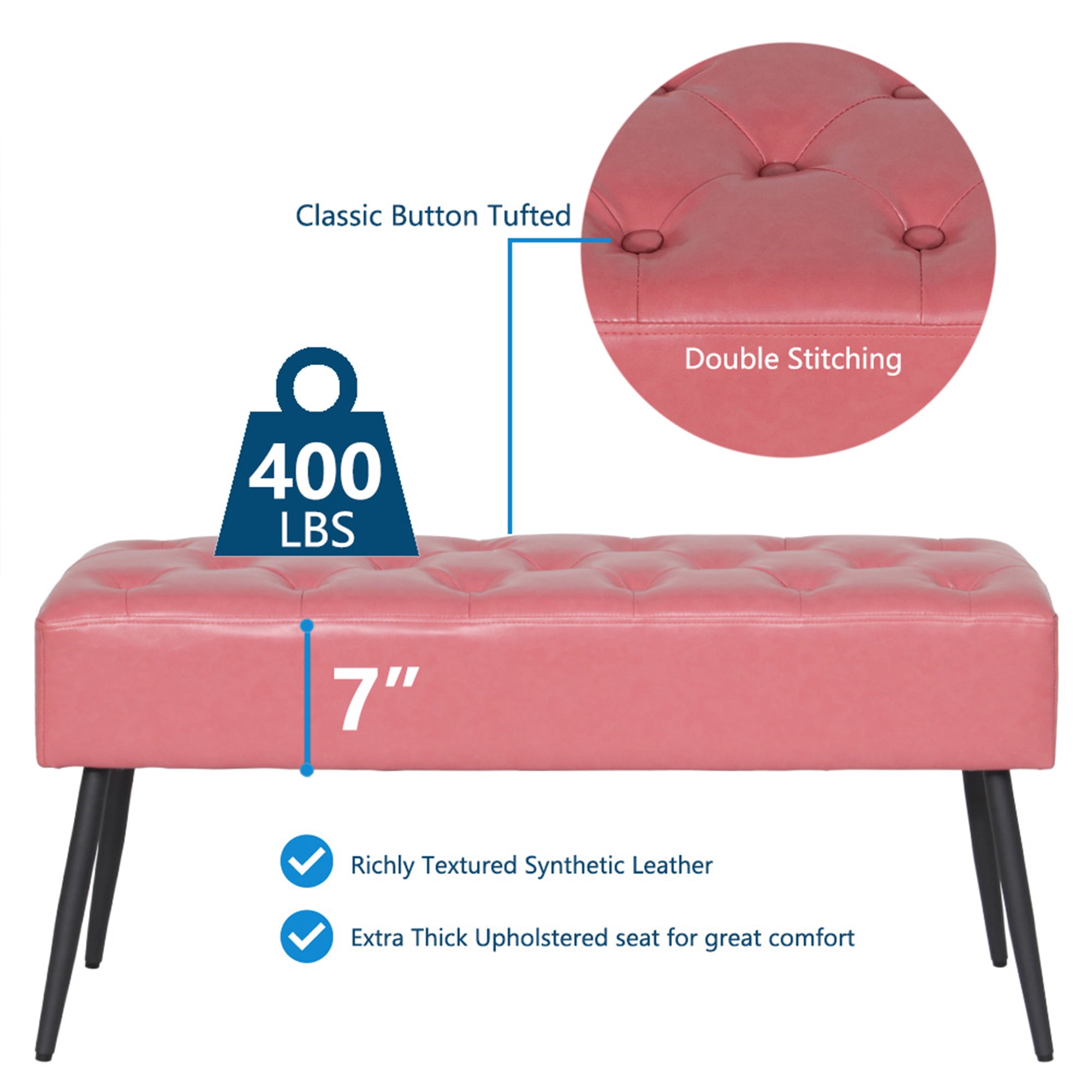 Abble 38" Wide Upholstered Entryway Bench, Tufted Ottoman Bench, Small Bed Room Bench,Casual Dining Room Bench, Pink
