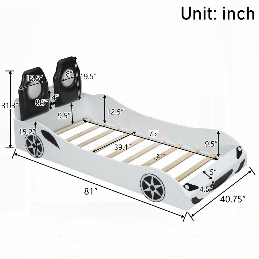 White Twin Size Race Car Platform Bed Featuring Upholstered Backrest & Under-Bed LED Lighting