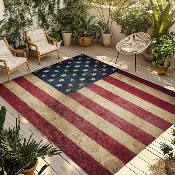 4th of July Outdoor Rug for Patio/Deck/Porch, Non-Slip Large Area Rug 5 x 7 Ft, Independence Day Farmhouse American Flag Indoor Outdoor Rugs Washable Area Rugs, Reversible Camping Rug Carpet Runner