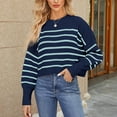 thumbnail image 2 of AJHSAKLt Sweaters for Women Autumn/Winter Round Neck Long Sleeve Stripe Loose Short Pullover Sweater Striped Sweater Blue1, 2 of 4