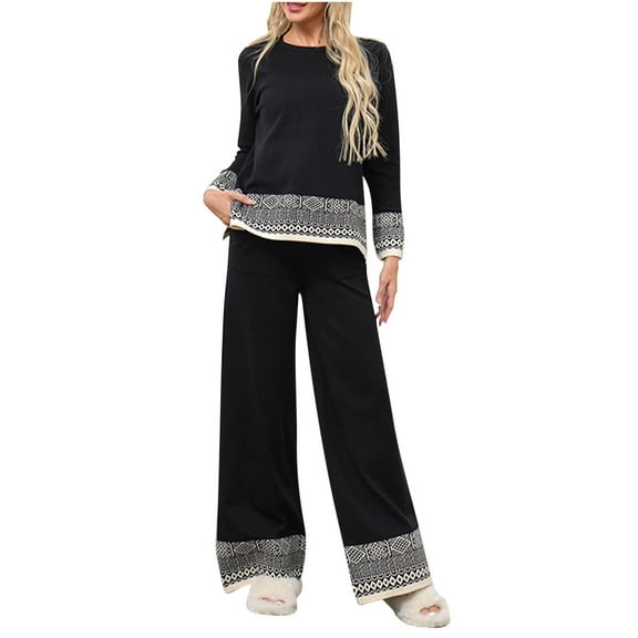 BangWanChi Two Piece Sets for Women Skirt Women New Awinter Fashion Sweater Loose Casual Long Sleeved Wide Leg Pants Knitted Two-piece Set Long Sleeved Round Neck Top/shirt Set