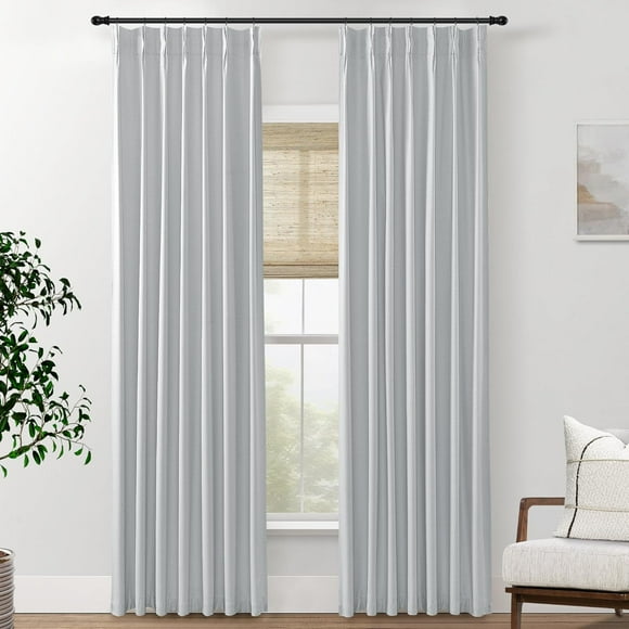 AIR-Linen Curtains 96 Inches Long Black Out Pinch Pleated Curtains with Hooks Light Grey Room Darkening Floor to Ceiling Curtains