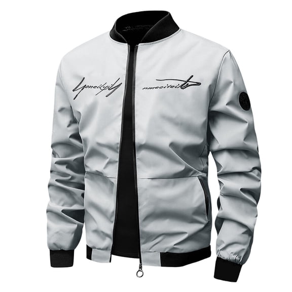 Letter Embroidery Bomber Jacket, Men's Lightweight Windproof Jacket Grey M