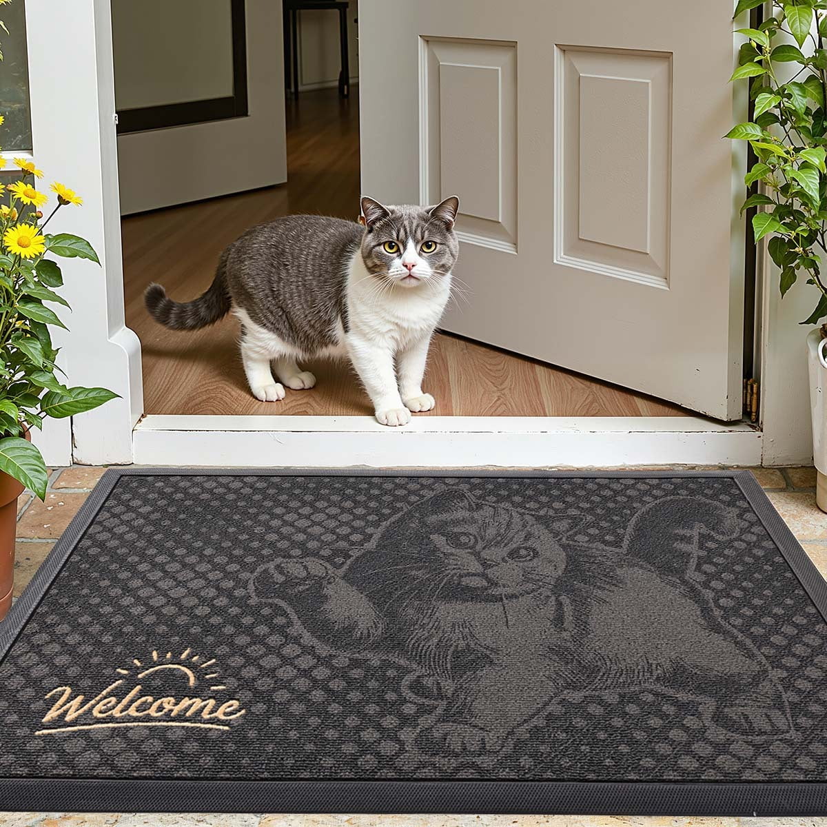 PABUBE Outdoor Doormat, British Shorthair Welcome Mat, Heavy Duty Durable Doormat Outdoor Entrance, Non-Slip Dirt & Mud Trapper Outdoor Mat for Front Doors