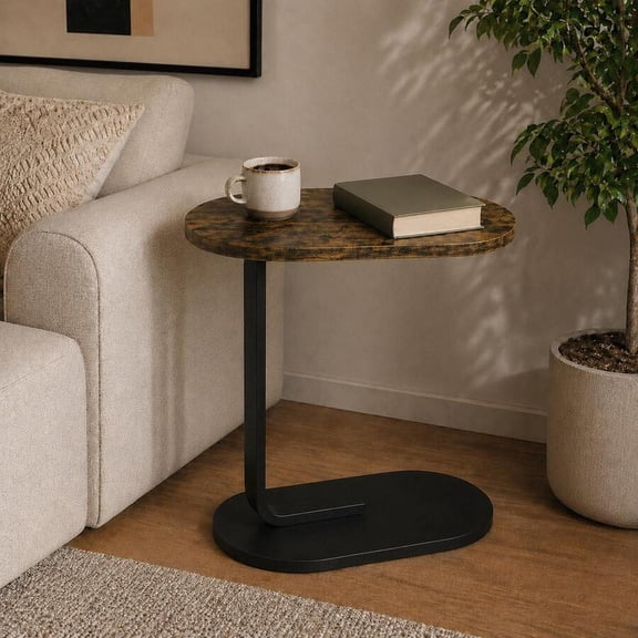 WFPXAMLZZMD C‑Shaped Side Table, Compact Sofa Table with Oval Wood and Metal Frame; Space‑Saving Snack Table for Living Room, Bedroom, and Small Spaces; Holding Coffee, Drinks, and Books,Brown