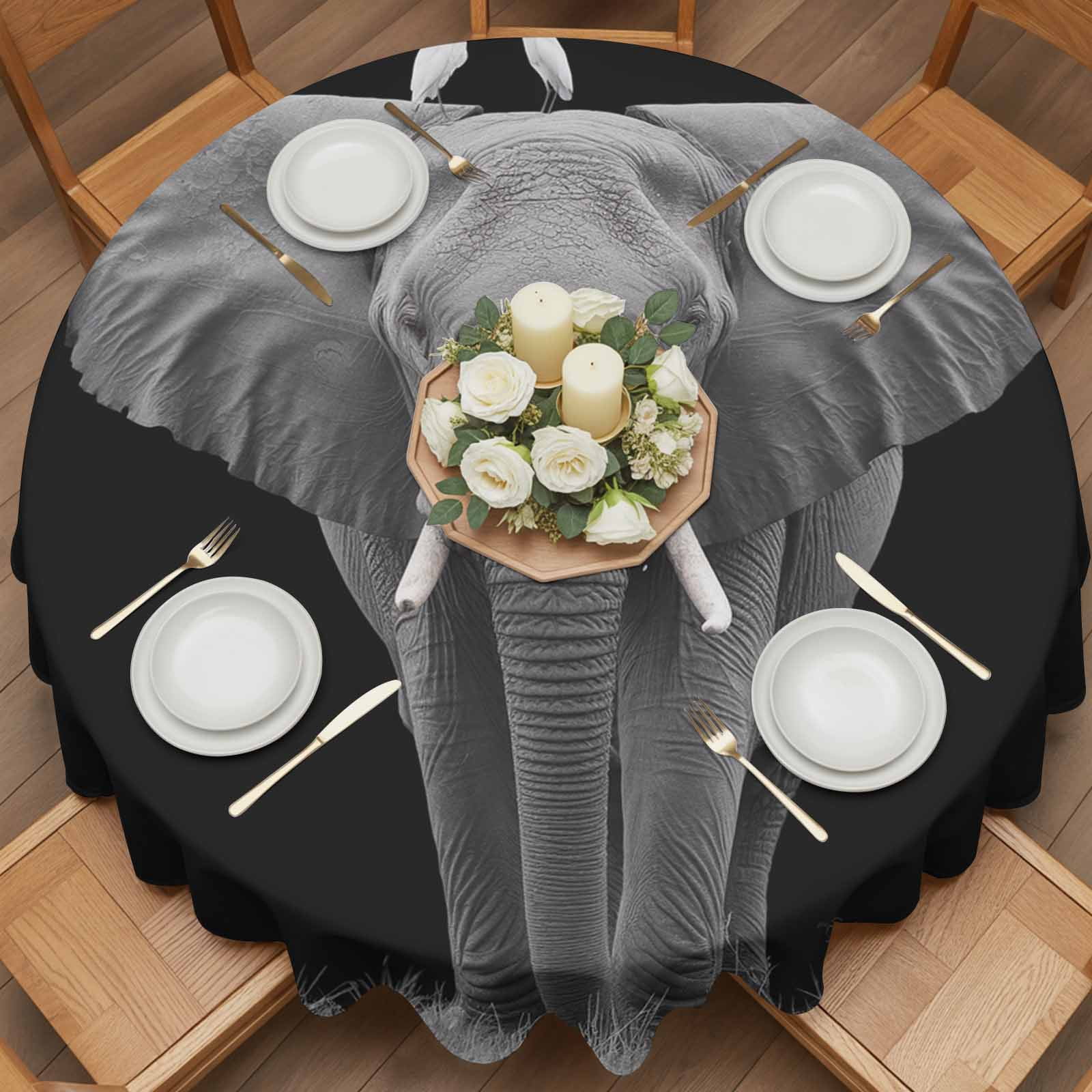 Round Tablecloth Modern Vintage Waterproof Oil Proof Polyester Table Cloth Cover Decor for Home Dining Outdoor,Patio,Parties, 60" Dia. Elephant Bird Animal Black Grey