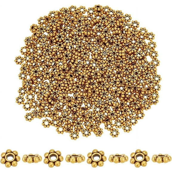 300pcs Tibetan Flower Spacer Beads 6mm Golden Alloy Daisy Beads Snowflake Loose Beads Jewelry Spacers for Bracelet Necklace Earring Jewelry Making Supplies
