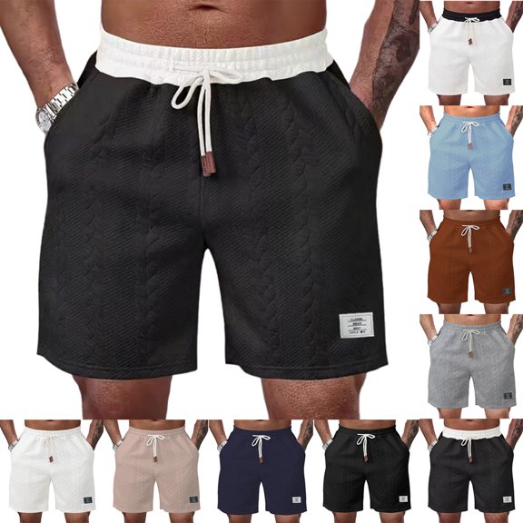 Mens Shorts Jacquard Casual Cable Knit Drawstring Elastic Waist Summer Beach Lounge SweatShorts Texture Short Pants with Wide Contrast Waistban Black L