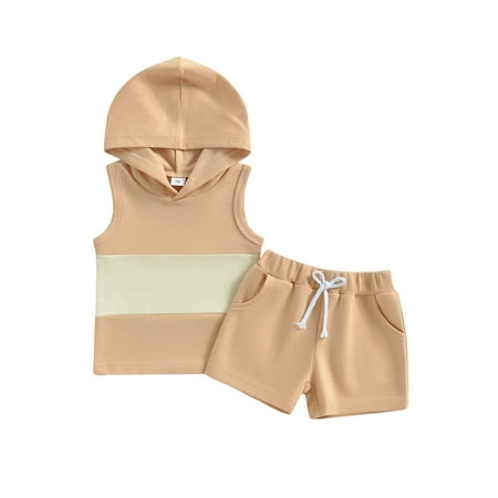 

aturustex 0-3 Years Infant Boys Summer Clothes Outfits Contrast Color Hooded Sleeveless Tank Tops and Solid Color Shorts 2Pcs Suit
