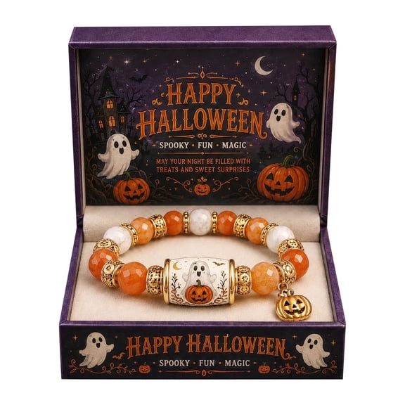 XHKUYI Halloween Ghost Pumpkin Beaded Bracelet 6.3 inch, Orange & White Stretchable Adjustable Bead Bracelet with Pumpkin Charm, Spooky Season Jewelry Gift for Women Kids