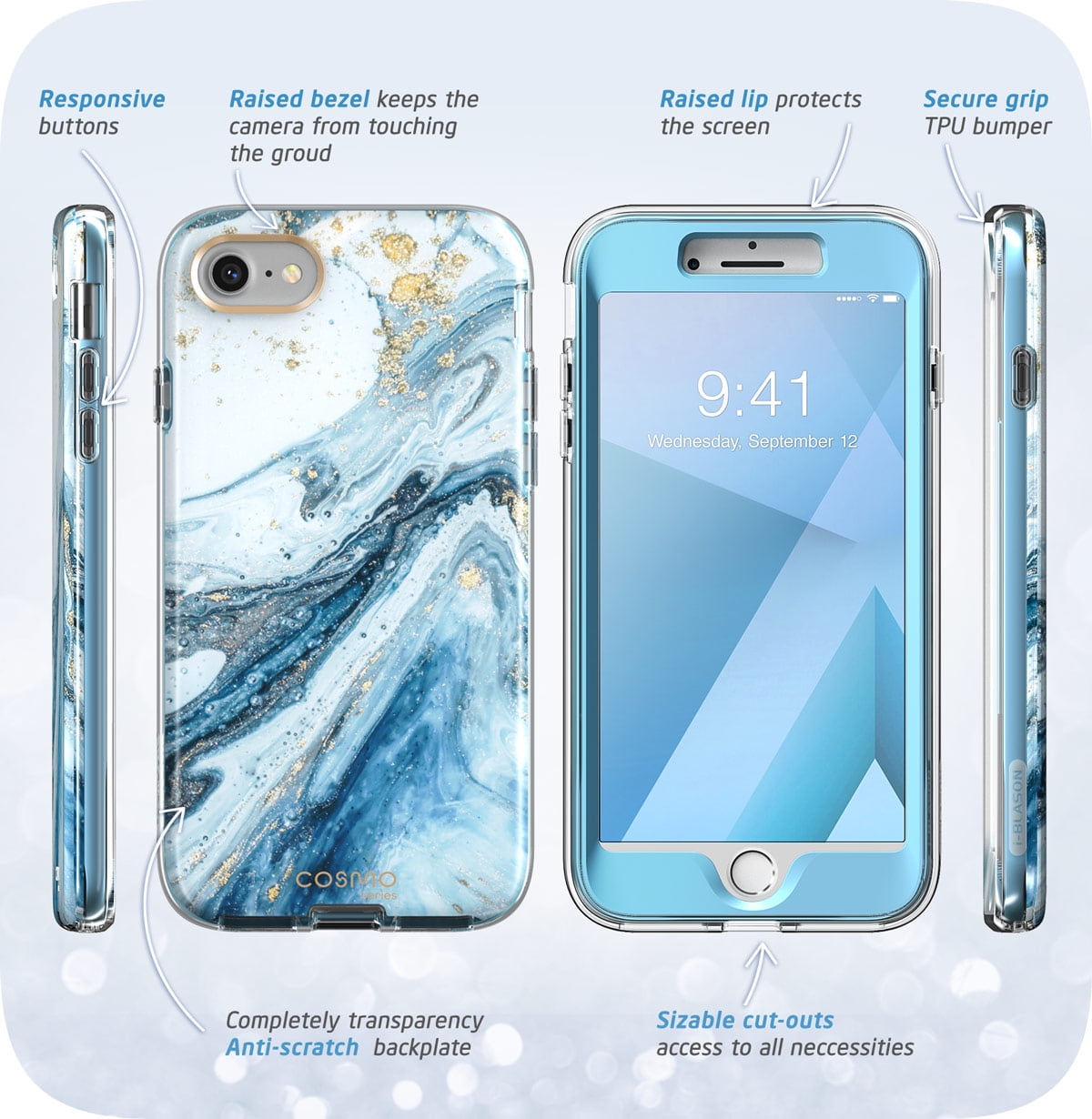 i-Blason Cosmo Series Designed (Built-in Screen Protector) Stylish Protective Bumper Case for iPhone SE (2020)/ iPhone 8/ iPhone 7 (Blue)