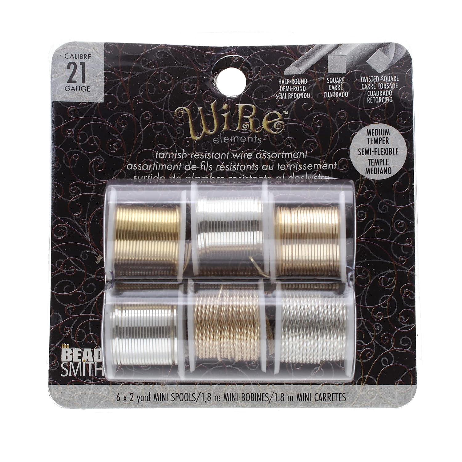 The Beadsmith Craft Wire Assortment - Tarnish-Resistant Copper Wire for Jewelry Making, 21 Gauge, 6-Pack, 0.75-Inch Mini Spools, 2 Yd Each, Assorted Colors & Shapes, Medium Temper