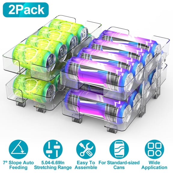 Adjustable 2-Tier Soda Can Organizer and Soda Can Disoenser for Refrigerator 7° Slope Auto Rolling Soda Can Holders for Fridge(Clear,2 Pack)