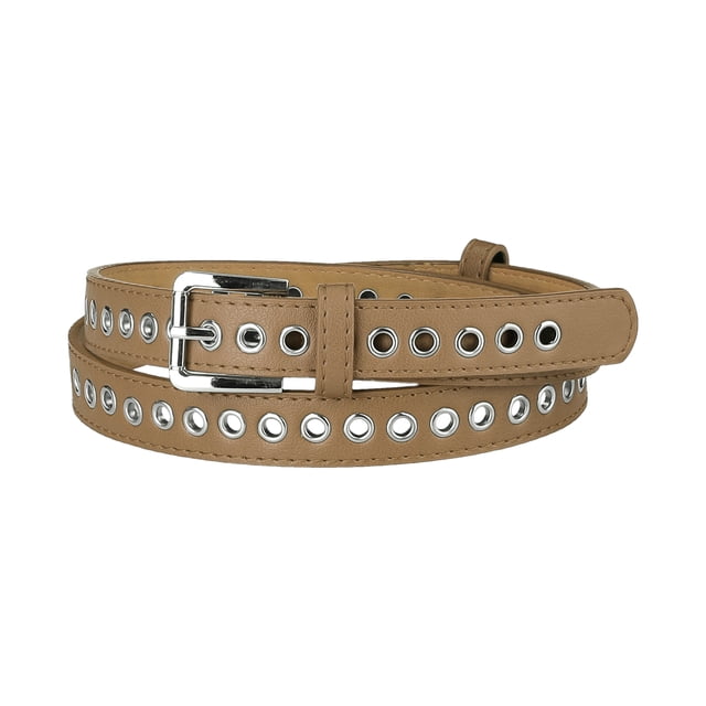 Cinturón de cuero PU Allegra K con ojal para mujer hebilla de metal Caqui talla grande 106 cm