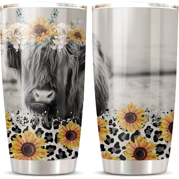 Bull Skull Tumbler Sunflower Leopard 20 Oz With Lid, Sunflower Cow Cups Tumbler , Sunflower Coffee Mugs , Cow Themed Gifts For Women , Double Wall Insulated Stainless Steel Travel Mug…
