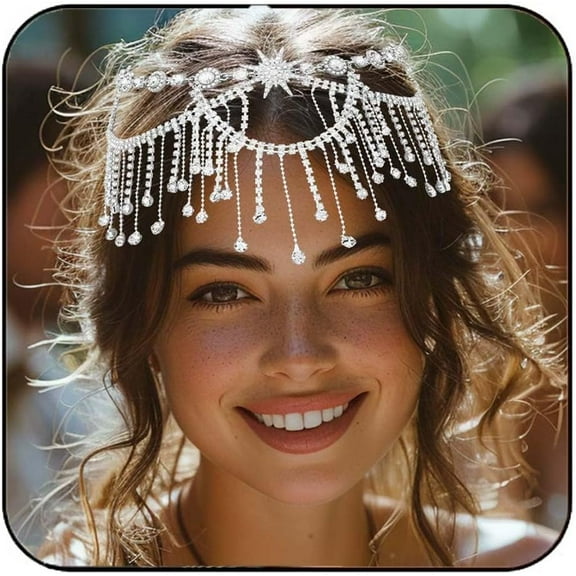Silver Head Chain Jewelry Rhinestone Star Forehead Hair Chain Crystal Fringe Headpiece for Women and Girls